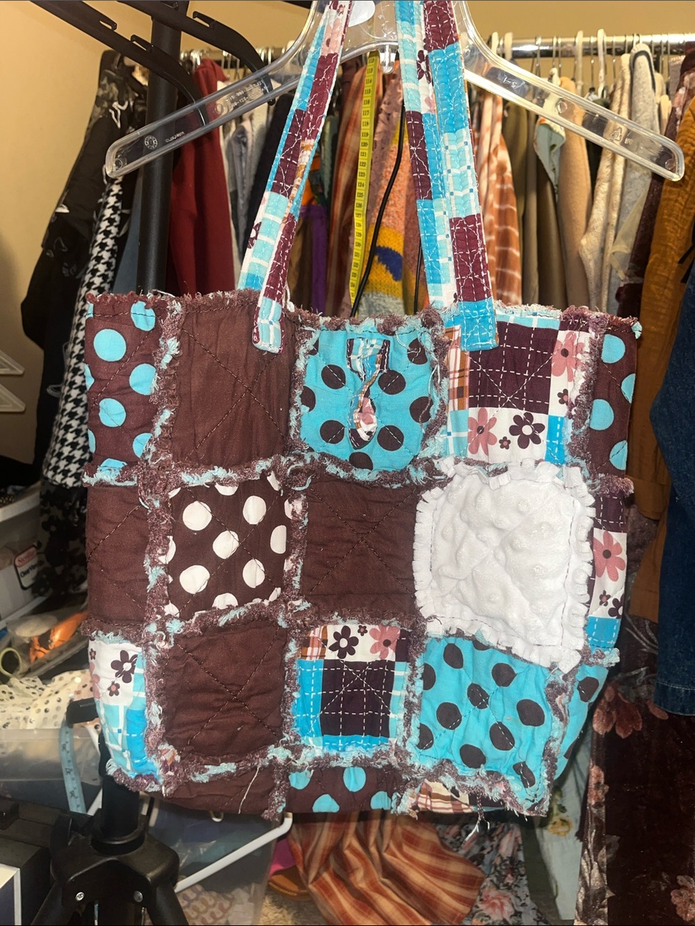 Quilted Patchwork Tote Bag in Brown & Turquoise